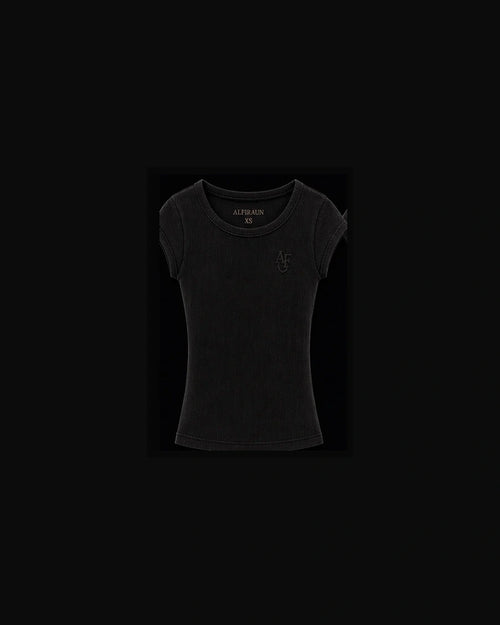 ALFIRAUN Vintage Black fitted ribbed baby tee front view